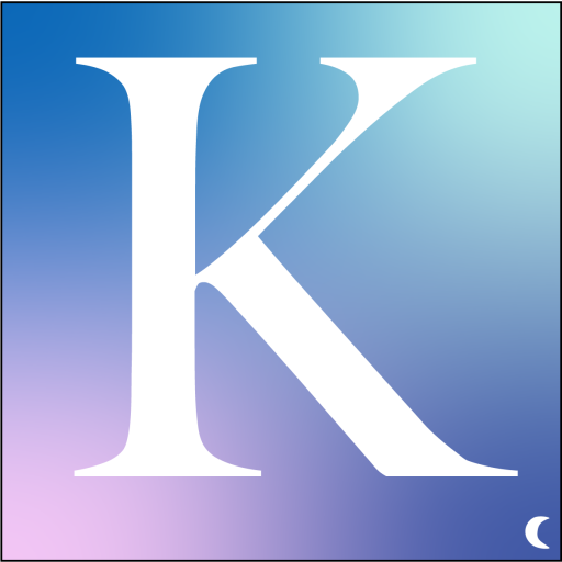 Gradient of blue and purple with a white capital K and a small crescent moon in the bottom right corner